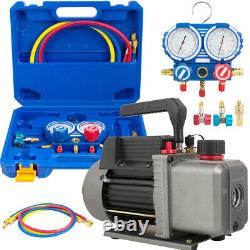 1/4HP 3.5CFM Rotary Vane Air Vacuum Pump & R134a AC Manifold Gauge Set US FDA