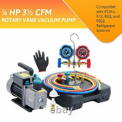 3.5CFM 1/4 HP Air Vacuum Pump HVAC Refrigeration AC Manifold Gauge Set R134a Kit