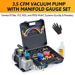 3.5cfm Vacuum Pump Set with Manifold Gauge Kit for R502 R134 R22 R12 Auto HVAC