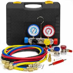 4 Way AC Manifold Gauge Set R134a R410A R404A R22 withHoses Coupler Adapters Case