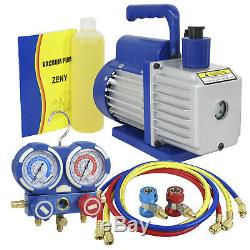 5CFM Vacuum Pump VALVES MANIFOLD GAUGE R410A R134A R22 HVAC AC Refrigerant Set