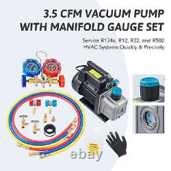 AC Vacuum Pump and Manifold Gauge Set for R12 R22 R134a R502 HVAC Auto AC 1/4HP