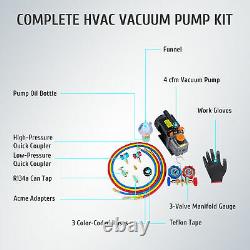 Combo 4 CFM 1/3HP Air Vacuum Pump HVAC + R134A Kit AC A/C Manifold Gauge Set US