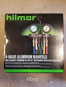 Hilmor 1839110 R410A 4-Valve Aluminum Manifold HVAC Gauge Set with Hose and D