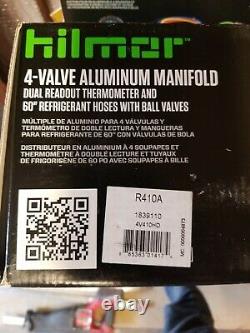 Hilmor 1839110 R410A 4-Valve Aluminum Manifold HVAC Gauge Set with Hose and D