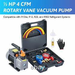 OMT 1/3 HP 4 CFM AC Vacuum Pump & Manifold Gauge Set for R12 R22 R134a R502 HVAC
