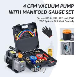 OMT 1/3 HP 4cfm AC Air Vacuum Pump & Manifold Gauge Set HVAC Units with Case New
