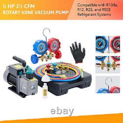 OMT 3.5cfm Vacuum Pump&Manifold Gauge Set 3 Hoses for R134a R502 R12 R22 AC Work