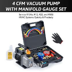 OMT Combo 1/3HP 4CFM AC Vacuum Pump w Manifold Gauge Set Mechanic HVAC Tool